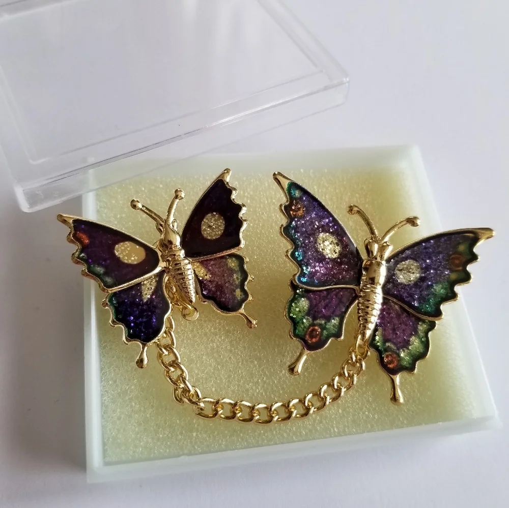 Vintage glitter butterfly brooch set New old stock Gold tone insect bug …